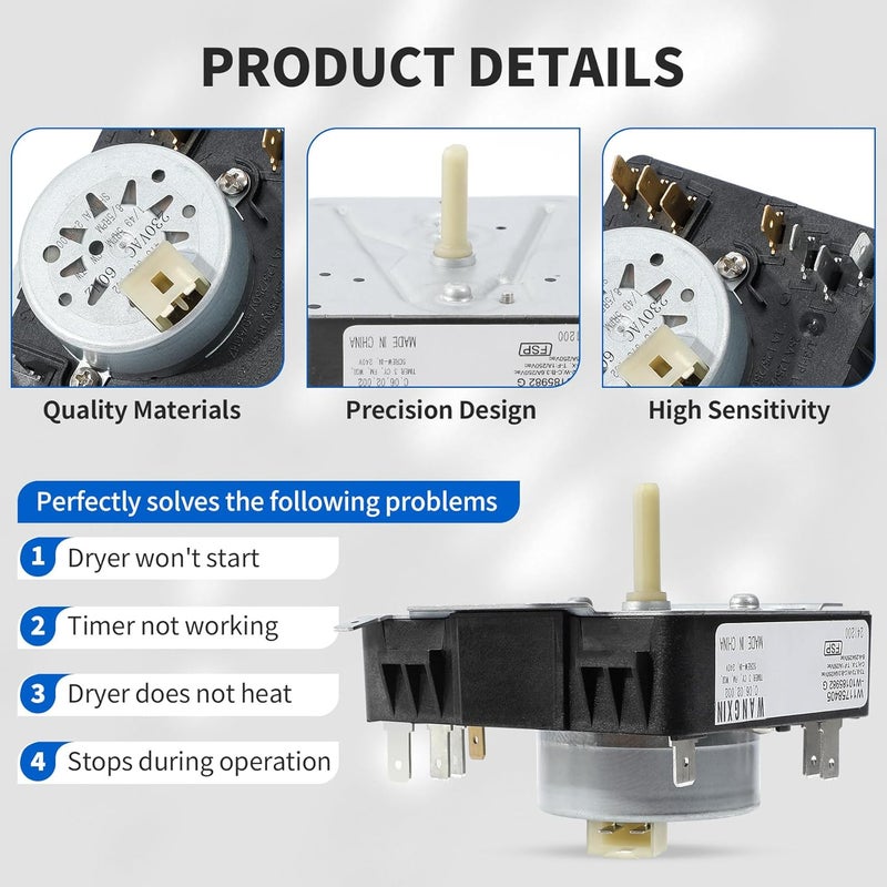 MOHTOL WED4815EW1 WGD4800XQ0 WED4950HW0 WED4800XQ4 WED5100VQ1 WED4800XQ0 W10185982 Dryer Timer Compatible with Maytag Kenmore Amana Whirlpool Dryer Timer Replacement 418-618-20-b5 WPW10185982VP, 230VAC 60Hz - Image 5